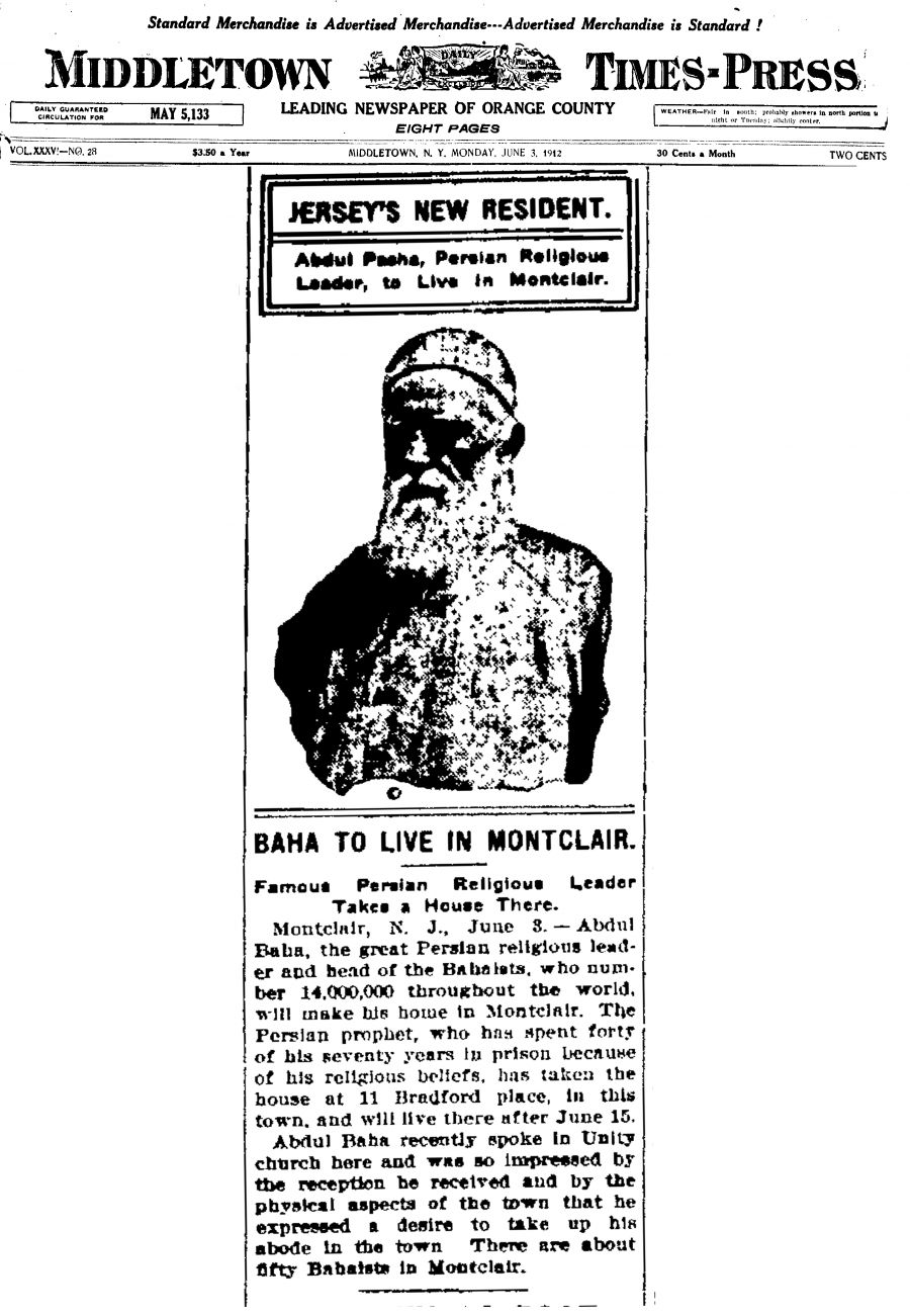 Jersey's New Resident 'Abdu'lBahá in America